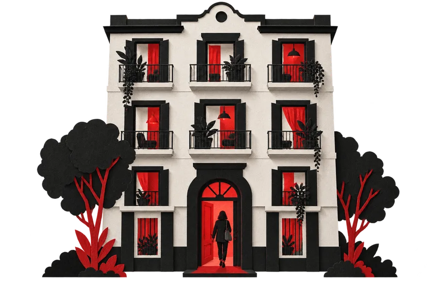 Ilustración de una vecina que entra en un edificio de viviendas habitadas